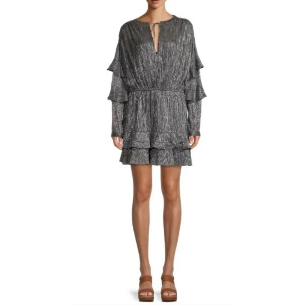 IRO Tellus Metallic Tiered Ruffle Mini Dress Silver Pleated‎ Long Sleeve 36 US 4